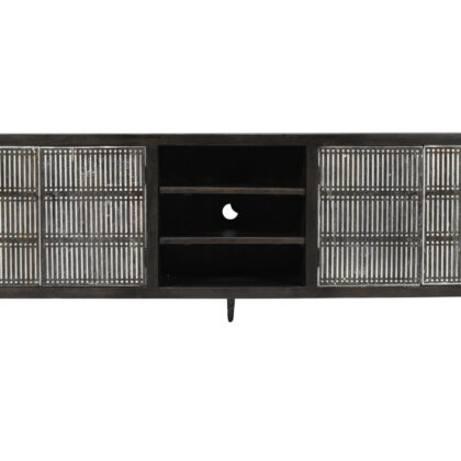 92" Dark Brown Carved Geometric Distressed Solid Wood Enclosed and Open Storage TV Stand