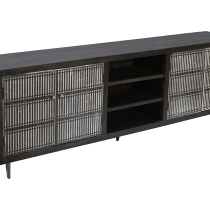 92" Dark Brown Carved Geometric Distressed Solid Wood Enclosed and Open Storage TV Stand
