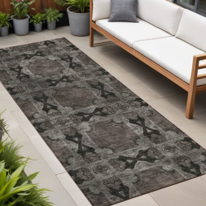 8' Runner Gray and Black Floral Medallion Washable Non Skid Indoor Outdoor Runner Rug