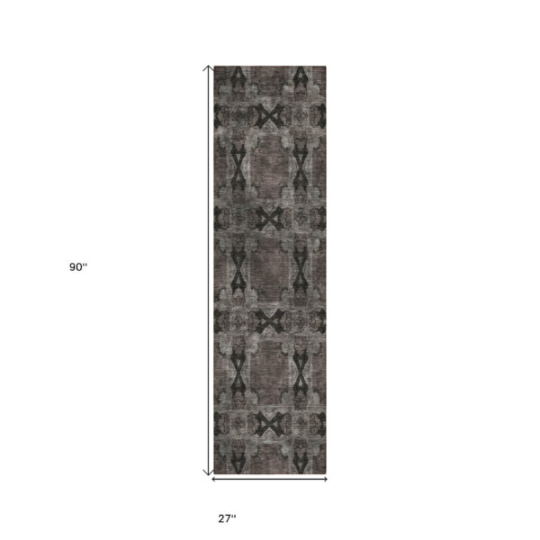 8' Runner Gray and Black Floral Medallion Washable Non Skid Indoor Outdoor Runner Rug