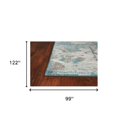 8'X10' Ivory Teal Machine Woven Abstract Watercolor Indoor Area Rug