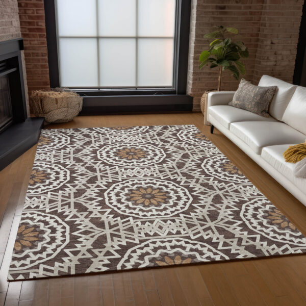 9' X 12' Chocolate Ivory And Taupe Floral Medallion Washable Indoor Outdoor Area Rug