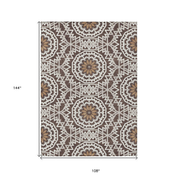 9' X 12' Chocolate Ivory And Taupe Floral Medallion Washable Indoor Outdoor Area Rug