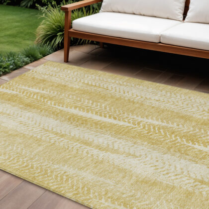 9' X 12' Gold Wheat And Ivory Botanical Leaves Washable Indoor Outdoor Area Rug