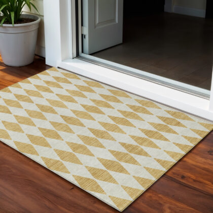 3' X 5' Gold Geometric Washable Indoor Outdoor Area Rug