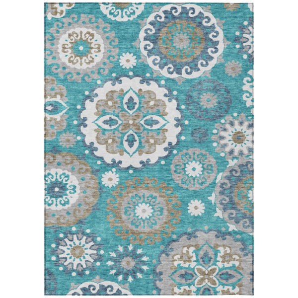 3' X 5' Teal Blue Taupe And Gray Floral Medallion Washable Indoor Outdoor Area Rug