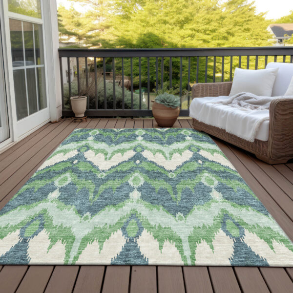 5' X 8' Green Ivory And Blue Ikat Washable Indoor Outdoor Area Rug