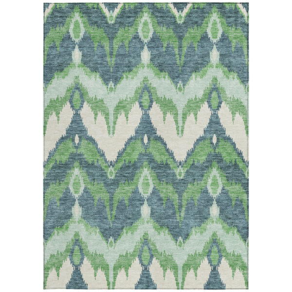 5' X 8' Green Ivory And Blue Ikat Washable Indoor Outdoor Area Rug