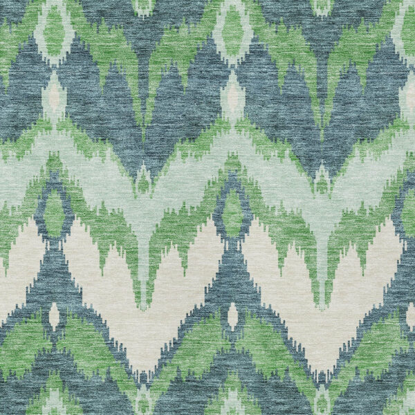 5' X 8' Green Ivory And Blue Ikat Washable Indoor Outdoor Area Rug
