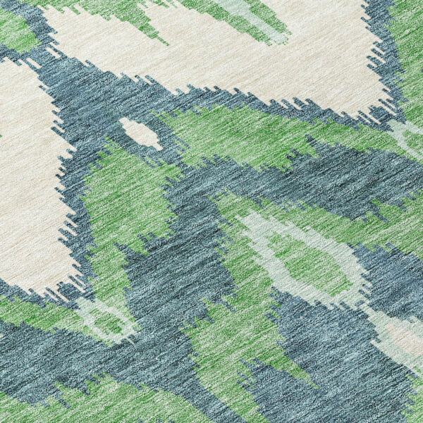 5' X 8' Green Ivory And Blue Ikat Washable Indoor Outdoor Area Rug