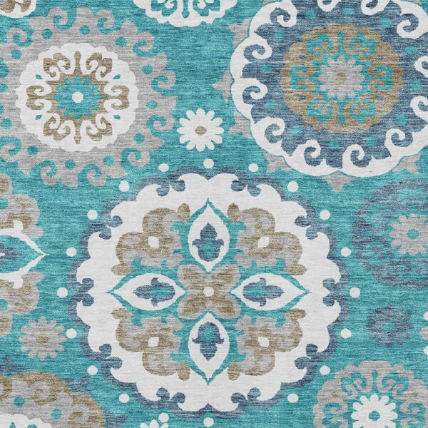 3' X 5' Teal Blue Taupe And Gray Floral Medallion Washable Indoor Outdoor Area Rug