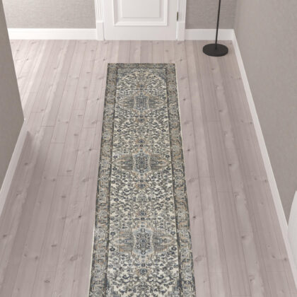 10' Gray and Ivory Medallion Power Loom Runner Rug