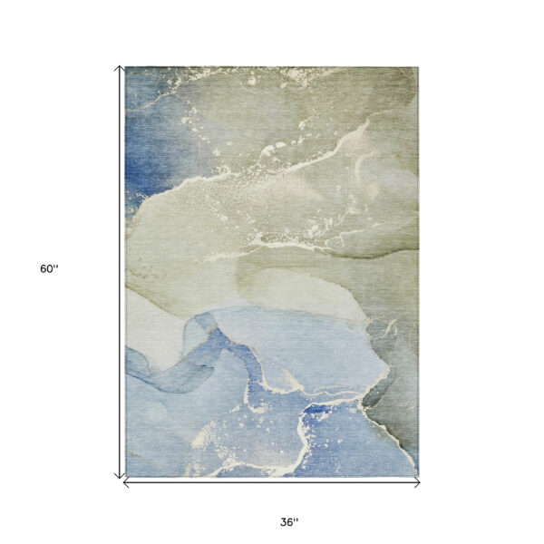 3' X 5' Blue and Green Abstract Washable Indoor Outdoor Area Rug