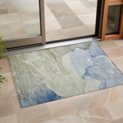 3' X 5' Blue and Green Abstract Washable Indoor Outdoor Area Rug