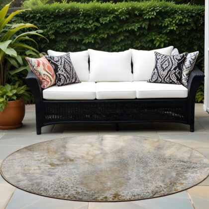 8' Round Beige Round Abstract Washable Non Skid Indoor Outdoor Area Rug