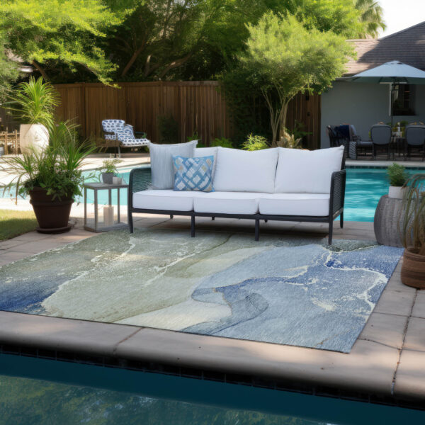 3' X 5' Blue and Green Abstract Washable Indoor Outdoor Area Rug