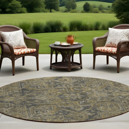 8' Round Dark Moss Green and Gray Round Oriental Washable Non Skid Indoor Outdoor Area Rug