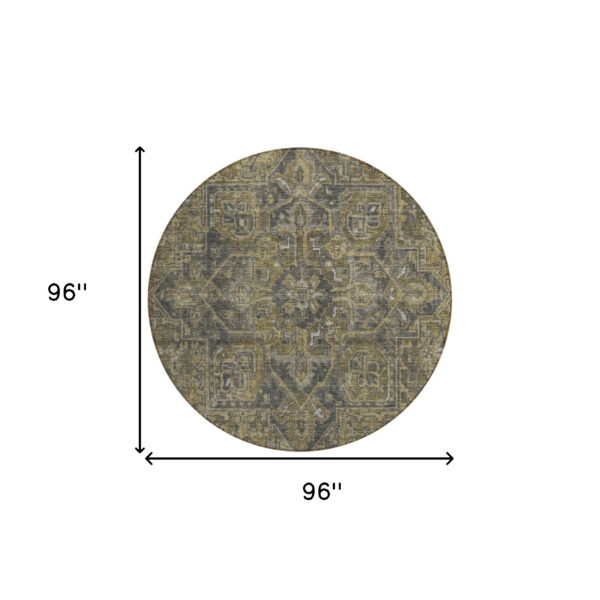 8' Round Dark Moss Green and Gray Round Oriental Washable Non Skid Indoor Outdoor Area Rug