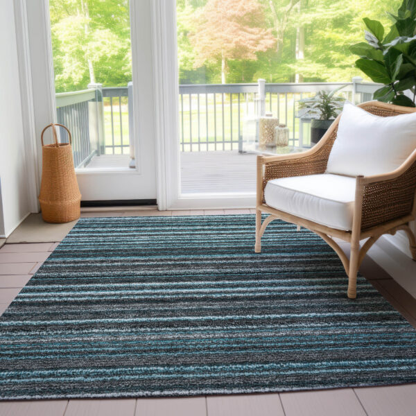 10' X 14' Teal Blue Sky Blue And Gray Striped Washable Indoor Outdoor Area Rug