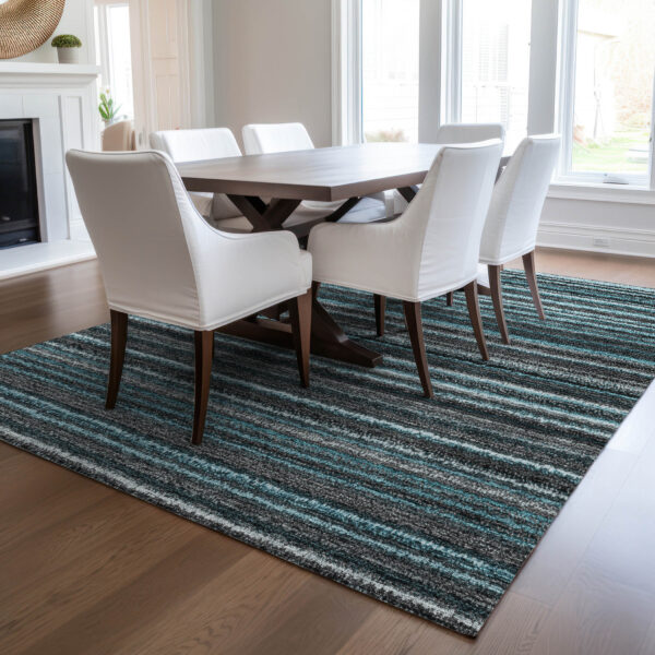 10' X 14' Teal Blue Sky Blue And Gray Striped Washable Indoor Outdoor Area Rug