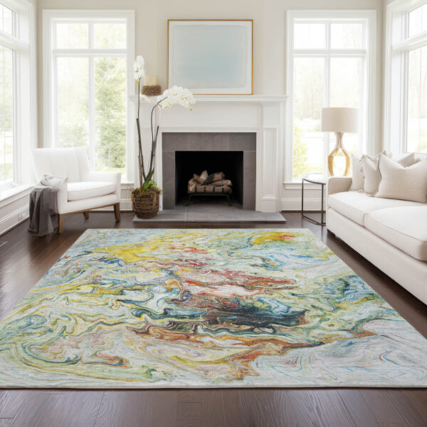 9' X 12' Ivory Blue And Yellow Abstract Washable Indoor Outdoor Area Rug