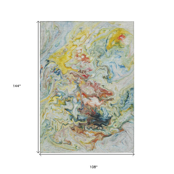 9' X 12' Ivory Blue And Yellow Abstract Washable Indoor Outdoor Area Rug
