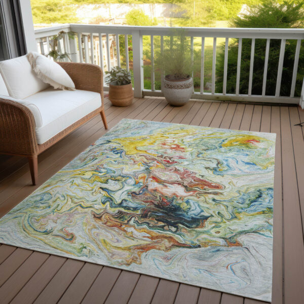9' X 12' Ivory Blue And Yellow Abstract Washable Indoor Outdoor Area Rug