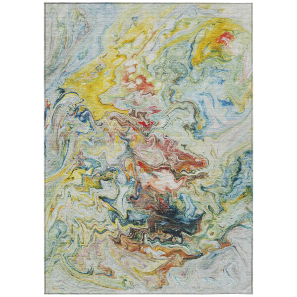 9' X 12' Ivory Blue And Yellow Abstract Washable Indoor Outdoor Area Rug