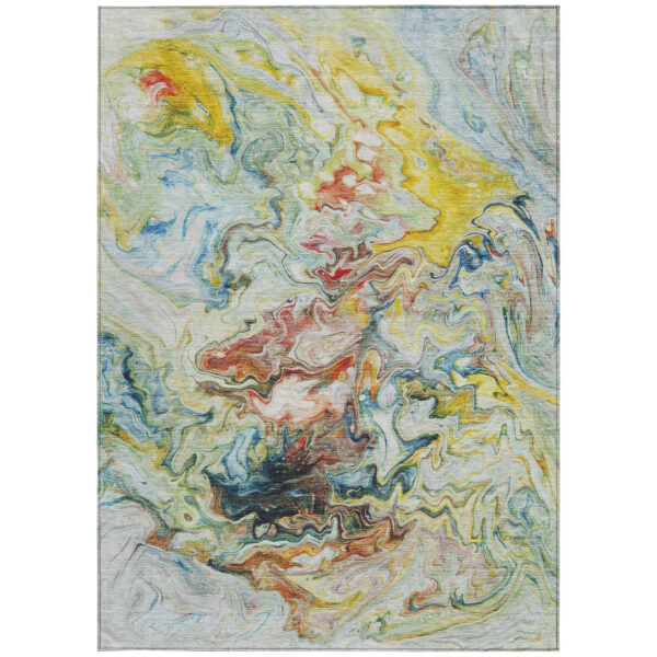 9' X 12' Ivory Blue And Yellow Abstract Washable Indoor Outdoor Area Rug