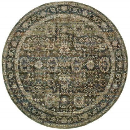 7' Round Green And Brown Floral Area Rug