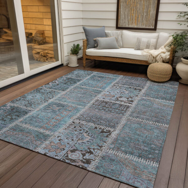 3' X 5' Teal Blue Aqua And Beige Patchwork Washable Indoor Outdoor Area Rug