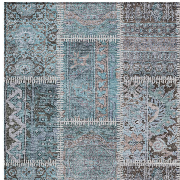 3' X 5' Teal Blue Aqua And Beige Patchwork Washable Indoor Outdoor Area Rug