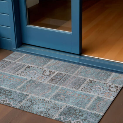 3' X 5' Teal Blue Aqua And Beige Patchwork Washable Indoor Outdoor Area Rug