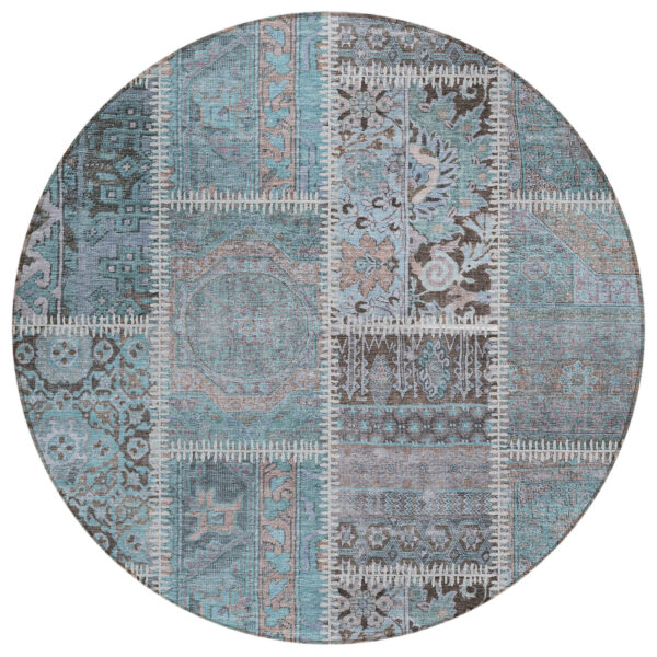 8' Teal Blue Aqua And Beige Round Patchwork Washable Indoor Outdoor Area Rug