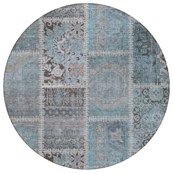 8' Teal Blue Aqua And Beige Round Patchwork Washable Indoor Outdoor Area Rug