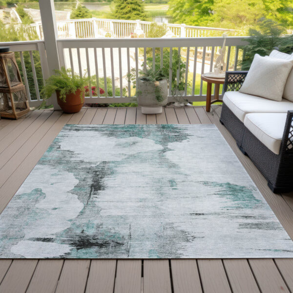 8' X 10' Teal Blue Silver And Gray Abstract Washable Indoor Outdoor Area Rug
