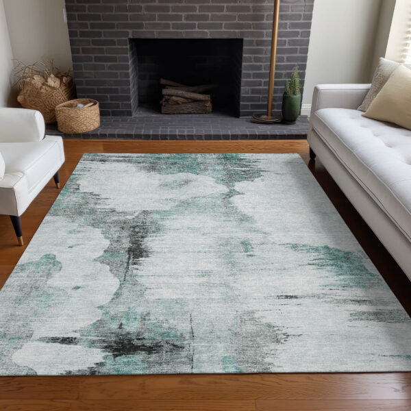 8' X 10' Teal Blue Silver And Gray Abstract Washable Indoor Outdoor Area Rug