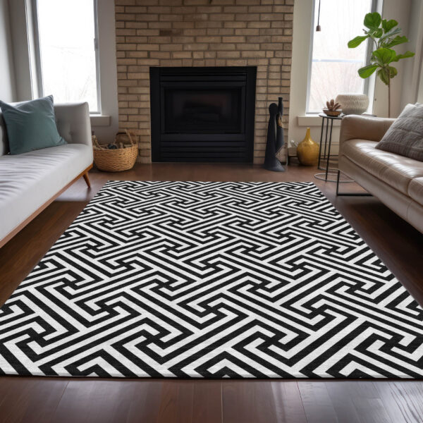 10' X 14' Black And Ivory Geometric Washable Indoor Outdoor Area Rug