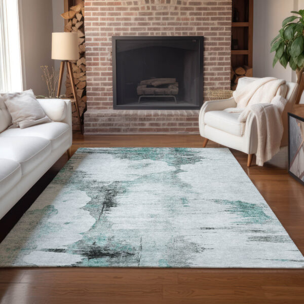 8' X 10' Teal Blue Silver And Gray Abstract Washable Indoor Outdoor Area Rug