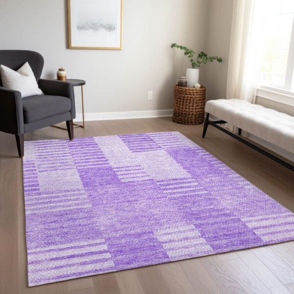 9' X 12' Lavender And Purple Striped Washable Indoor Outdoor Area Rug