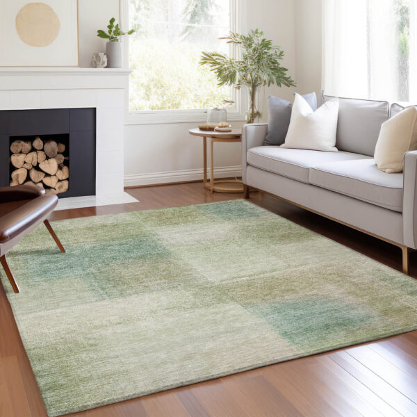 5' X 8' Artichoke Green And Beige Abstract Washable Indoor Outdoor Area Rug