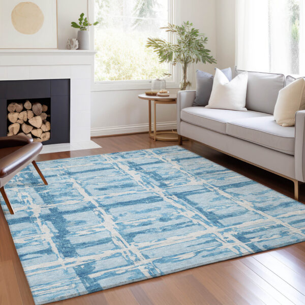 8' X 10' Sky Blue Denim Blue And Ivory Striped Washable Indoor Outdoor Area Rug