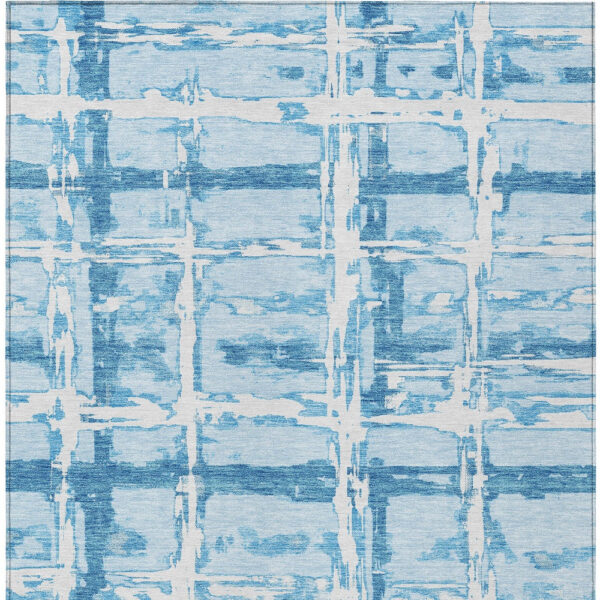 8' X 10' Sky Blue Denim Blue And Ivory Striped Washable Indoor Outdoor Area Rug