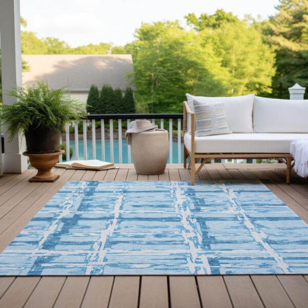 8' X 10' Sky Blue Denim Blue And Ivory Striped Washable Indoor Outdoor Area Rug