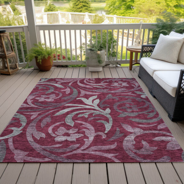 9' X 12' Red Gray And Silver Floral Washable Indoor Outdoor Area Rug