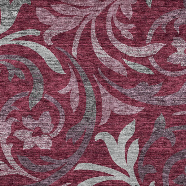 9' X 12' Red Gray And Silver Floral Washable Indoor Outdoor Area Rug