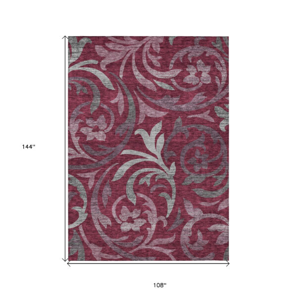 9' X 12' Red Gray And Silver Floral Washable Indoor Outdoor Area Rug