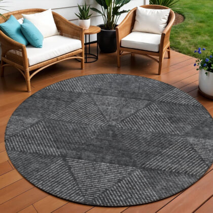 8' Charcoal Gray And Silver Round Geometric Washable Indoor Outdoor Area Rug