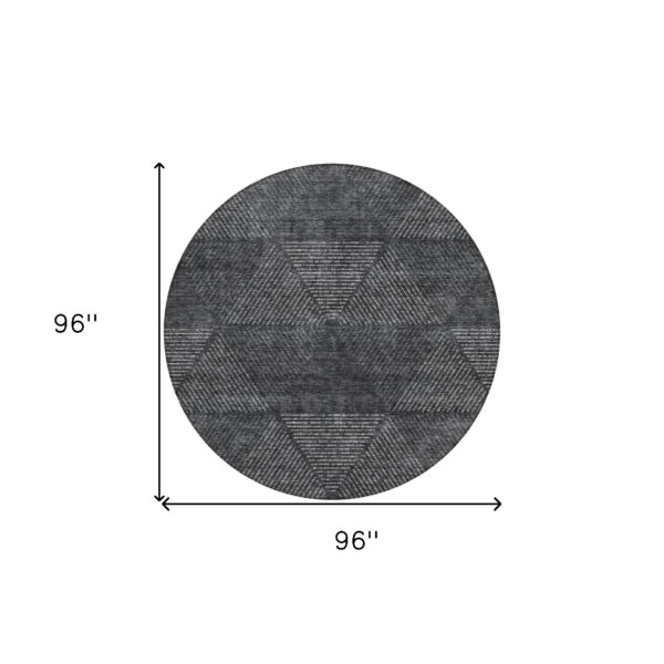 8' Charcoal Gray And Silver Round Geometric Washable Indoor Outdoor Area Rug