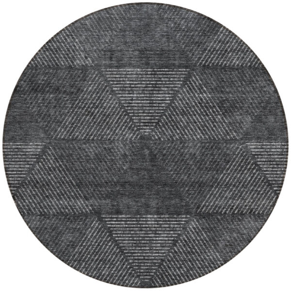 8' Charcoal Gray And Silver Round Geometric Washable Indoor Outdoor Area Rug
